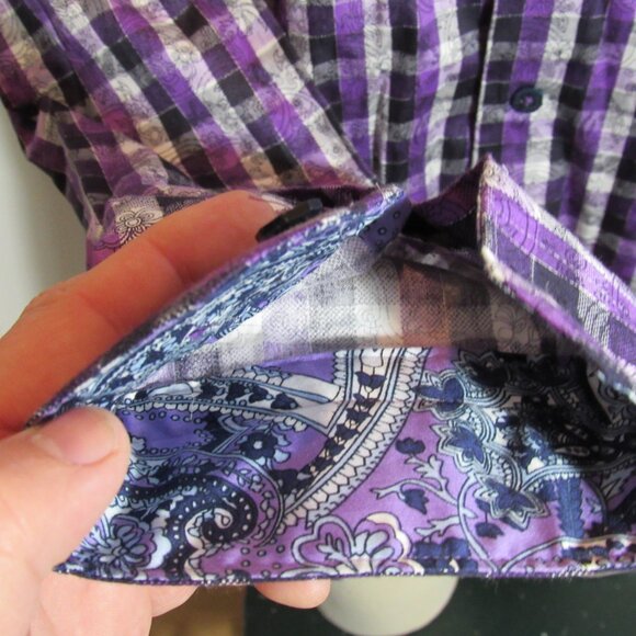Au Noir Limited Edition Purple Plaid Floral Flip Cuffs Mens Shirt XL or Size 6 - Picture 8 of 12